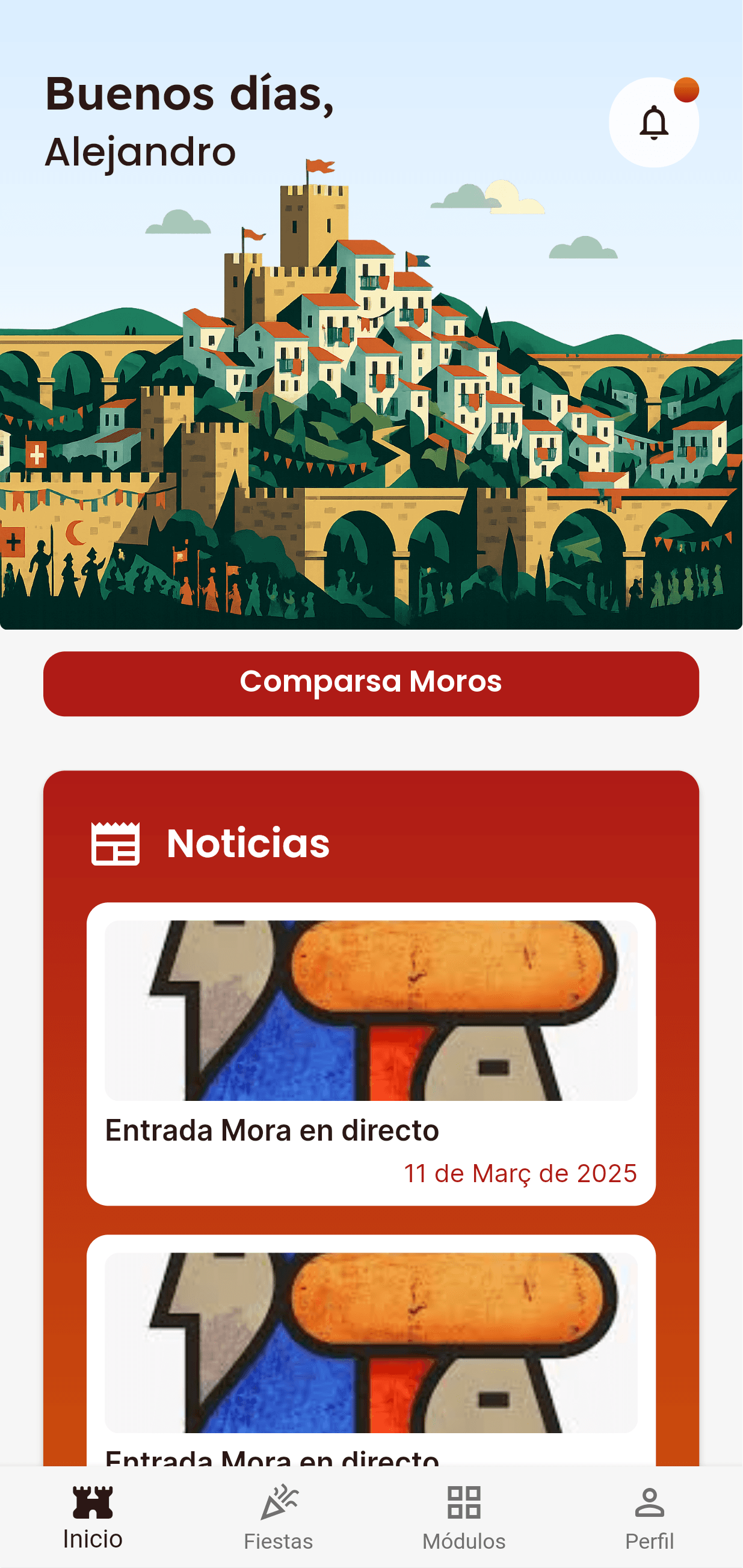 Vista de inicio de la aplicación móvil de gestión para socios de comparsa